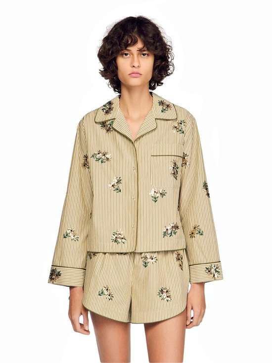 Sandro Tops - NWT SANDRO STRIPED SHIRT SEQUIN EMBROIDERY 4 white olive brown